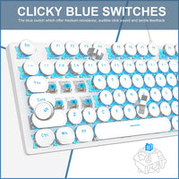 Typewriter Style Mechanical Gaming Keyboard, White Retro Punk Gaming Keyboard with Blue Backlit, 104 Keys Blue Switch Wired Cute Keyboard, Round Keycaps for Windows/Mac/PC