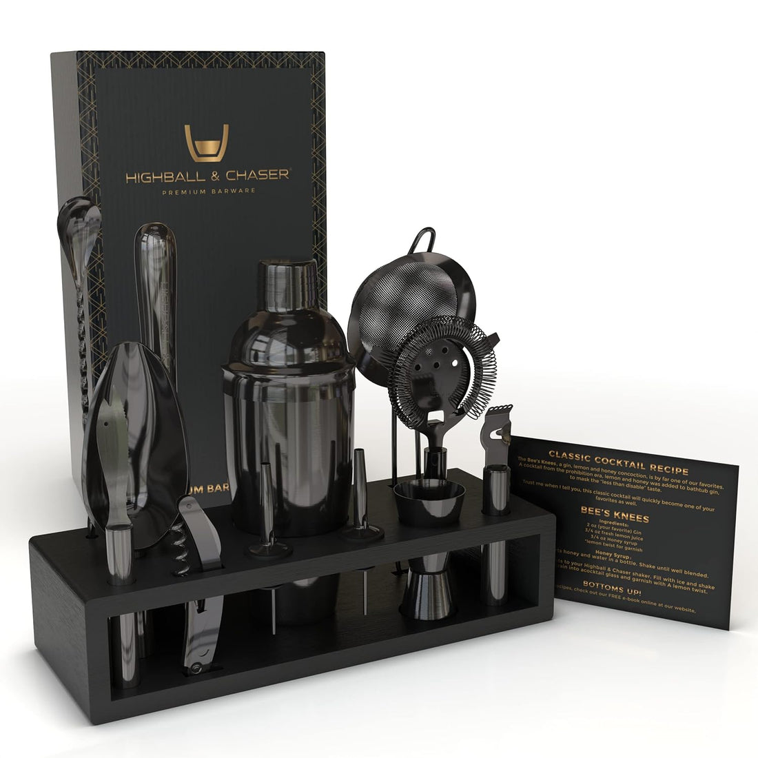 Highball & Chaser Gun Metal Black Plated Bartender Kit with Espresso Bamboo Stand. Beautiful Cobbler Cocktail Shaker Set with Highest Quality Bar Tools Rustproof Stainless Steel Bar Set