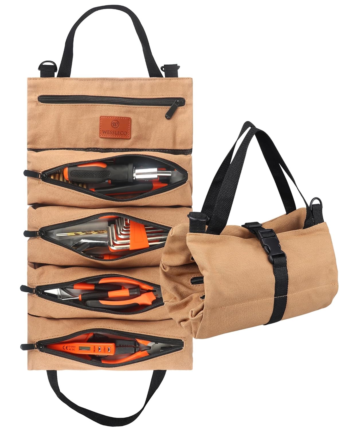 Wessleco Roll Up Tool Bag, Wrench Roll Up Pouch Multi-Purpose Canvas Tool Rool Organizer (Khaki)