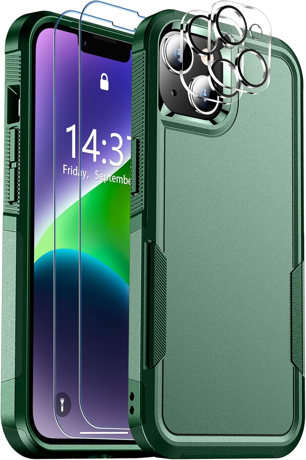 SPIDERCASE for iPhone 14 Case, [15 FT Military Grade Drop Protection][Non-Slip] [2+Tempered Glass Screen Protector][2+Tempered Camera Lens Protector] Heavy Duty Full-Body Shockproof Case,Grass Green