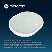 Motorola Bluetooth Speaker with Wireless Charging Pad - ROKR 500 Portable Speaker with Microphone for Handsfree Calls - IPX6 Water Resistance - Sleek Design with Rich Bass - White