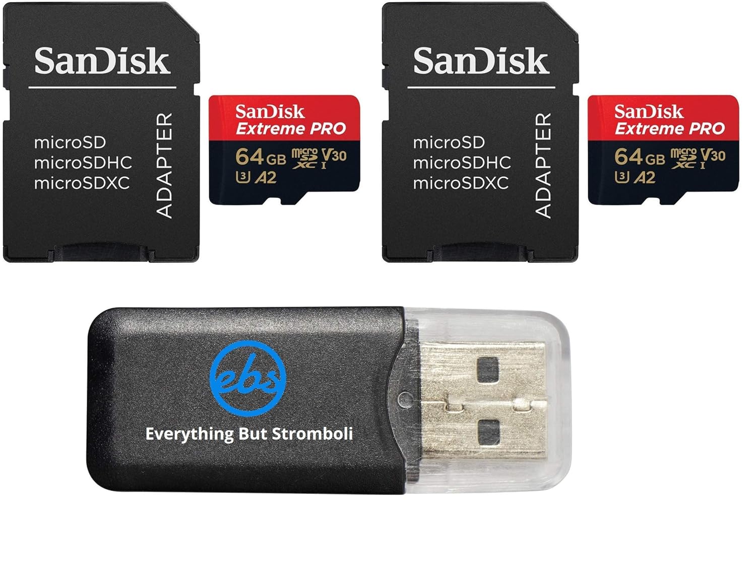 SanDisk 64GB Micro SDXC Memory Card Extreme Pro (2 Pack) Works with GoPro Hero 9 Black Action Camera (SDSQXCU-064G-GN6MA) U3 V30 4K Class 10 Bundle with 1 Everything But Stromboli MicroSD Card Reader