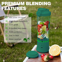 Portable Blender,270 Watt for Shakes and Smoothies Waterproof Blender USB Rechargeable with 20 oz BPA Free Blender Cups with Travel Lid. (Green)