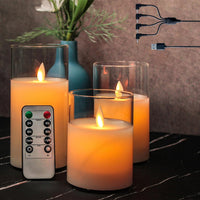 LEDHOLYT Flameless Candle Set, Flickering LED Pillar Candle with Remote Control and Timer, Upgraded Swing Wick, Built-in Battery Rechargeable Clear Glass Electronic Candles, Set of 3