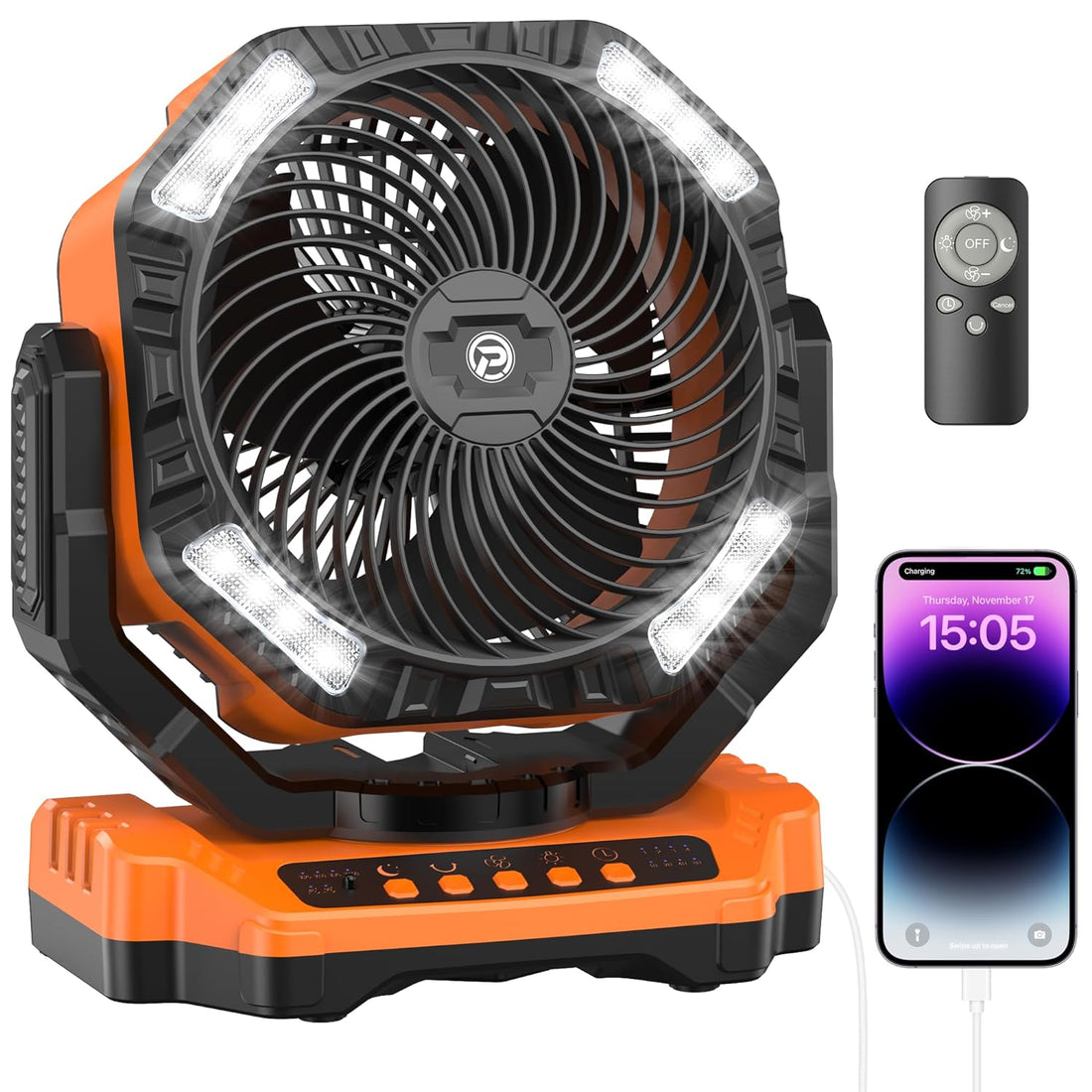 40000mAh Rechargeable Fan, Battery Operated Oscillating Outdoor Fan, Battery Powered Table Fan for Home Hurricane Jobsite Garage, Portable Tent Fan with Remote Light Hook for Camping Trip RV