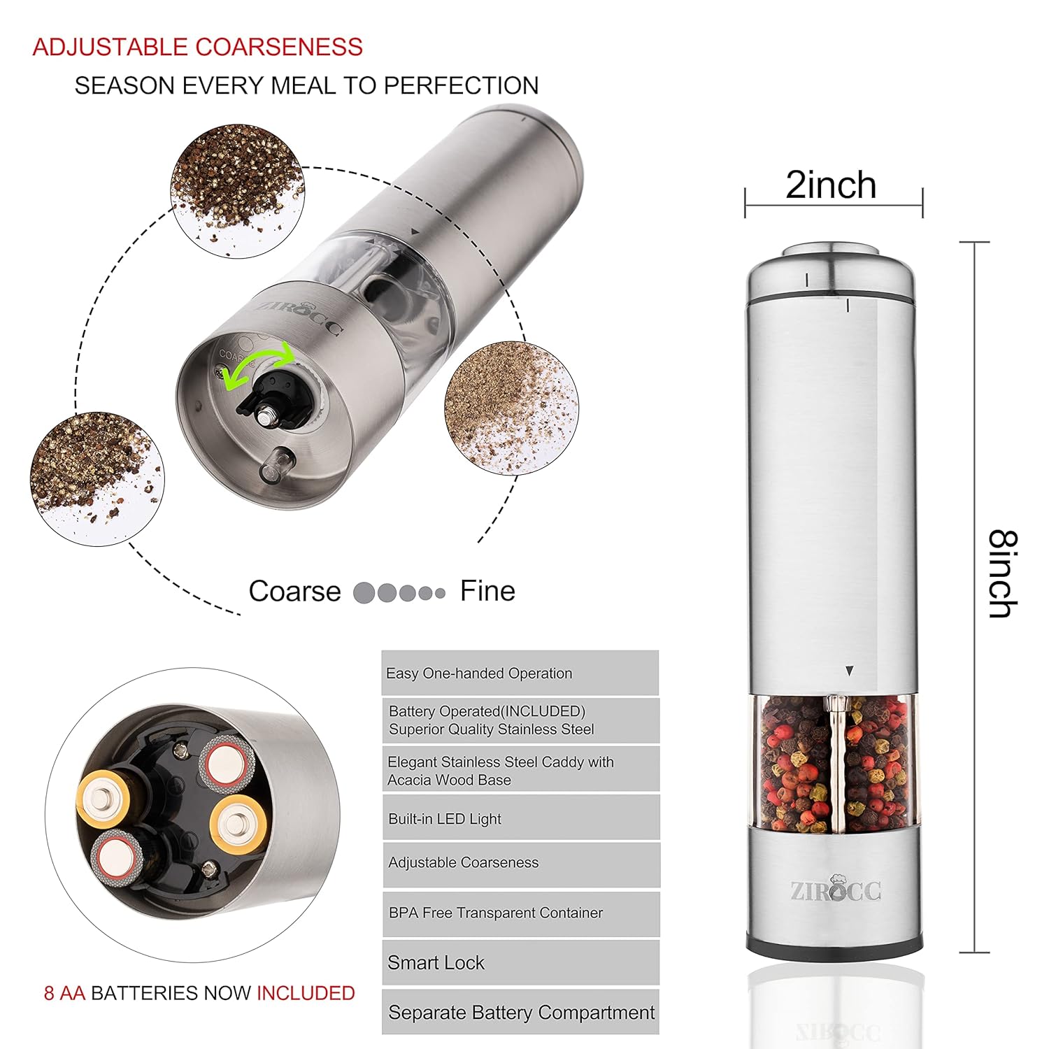 Electric Salt and Pepper Grinder Set (Batteries included)-Battery Operated Stainless Steel Salt & Pepper Mills (Pack of 2)-Adjustable Coarseness with Bright LED light-Acacia Base
