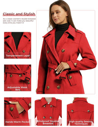 Wantdo Women's Double Breasted Long Trench Coats Pea Coat with Belt Red Small
