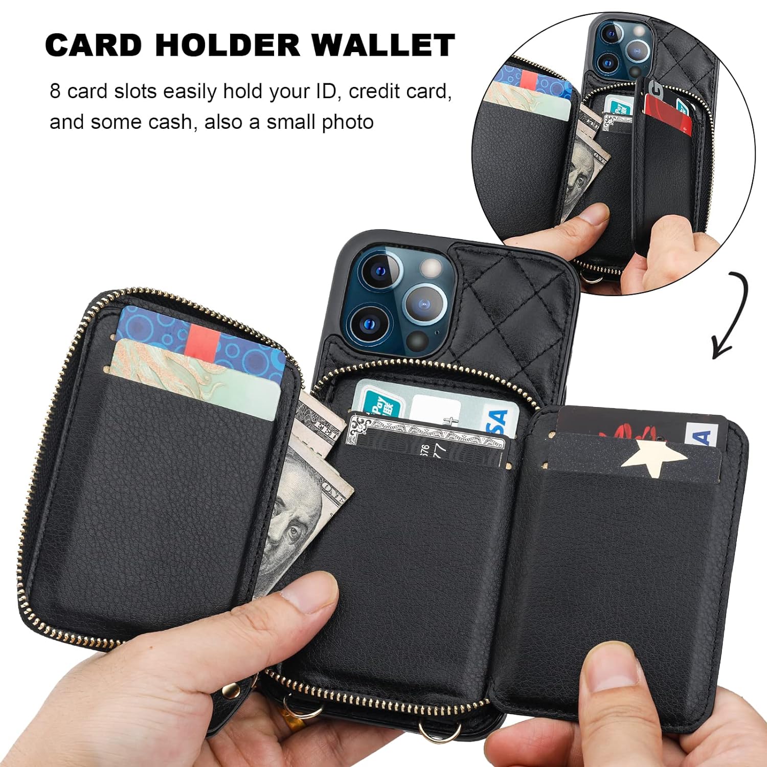 Bocasal Crossbody Wallet Case for iPhone 13 Pro Max, RFID Blocking PU Leather Zipper Handbag Purse Flip Cover, Kickstand Folio Case with Card Slots Holder Wrist Strap Lanyard 5G 6.7 Inch (Black)