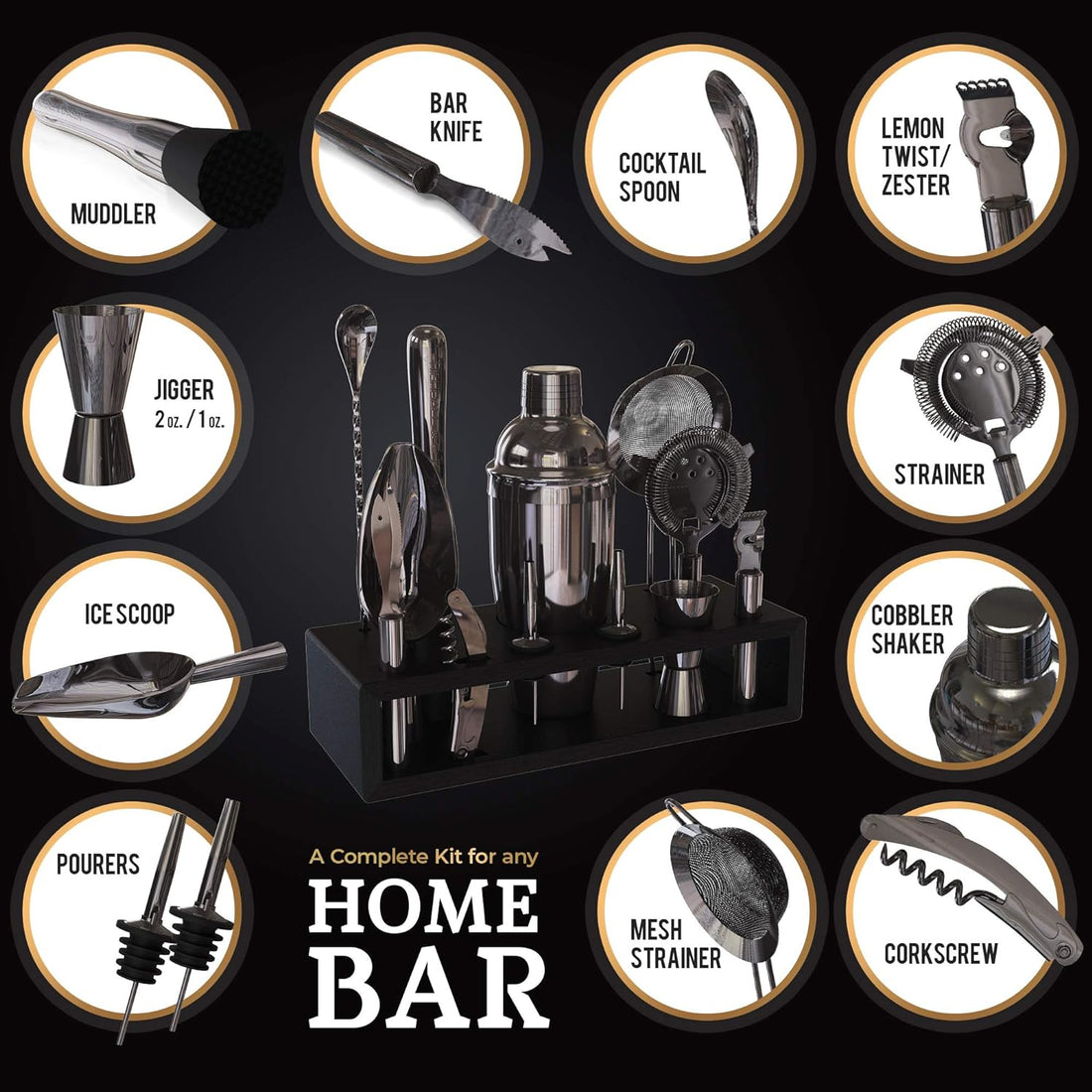 Highball & Chaser Gun Metal Black Plated Bartender Kit with Espresso Bamboo Stand. Beautiful Cobbler Cocktail Shaker Set with Highest Quality Bar Tools Rustproof Stainless Steel Bar Set