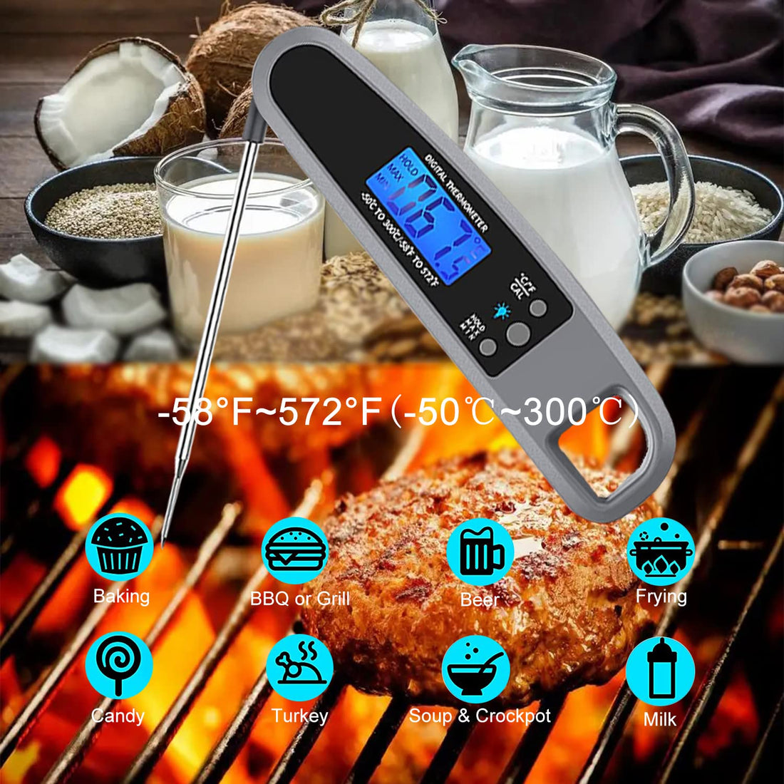 LIKEPAI Instant Read Meat Thermometer for Kitchen Cooking, Ultra Fast Precise Waterproof Digital Food Thermometer with Backlight, Magnet and Foldable Probe for Deep Fry, Outdoor BBQ, Grill(Grey)