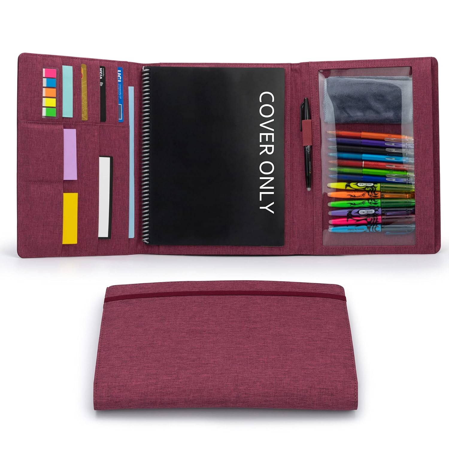 Folio Cover for Rocketbook Everlast Fusion - Letter Size, Waterproof Fabric, Multi Organizer with Pen Loop, Zipper Pocket, Business Card Holder, fits A4 size Notebook, 11 x 9 inch, Fuchsia