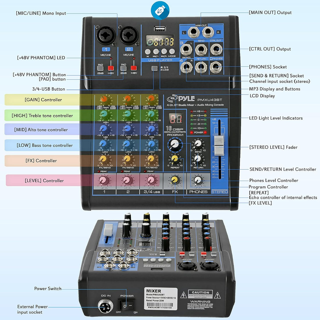 Pyle Professional Audio Mixer Sound Board Console System Interface 4 Channel Digital USB Bluetooth MP3 Computer Input 48V Phantom Power Stereo DJ Studio Streaming FX 16-Bit DSP processor