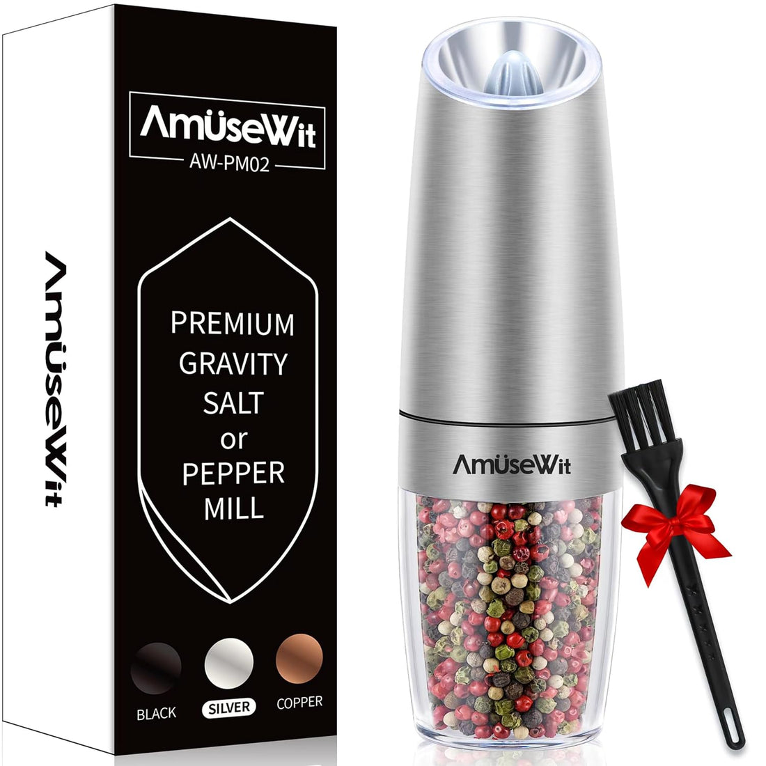 Gravity Electric Pepper Grinder or Salt Grinder Mill - Battery Operated Automatic Pepper Mill with White Light, One Handed Operation, Adjustable Coarseness, Stainless Steel by AmuseWit