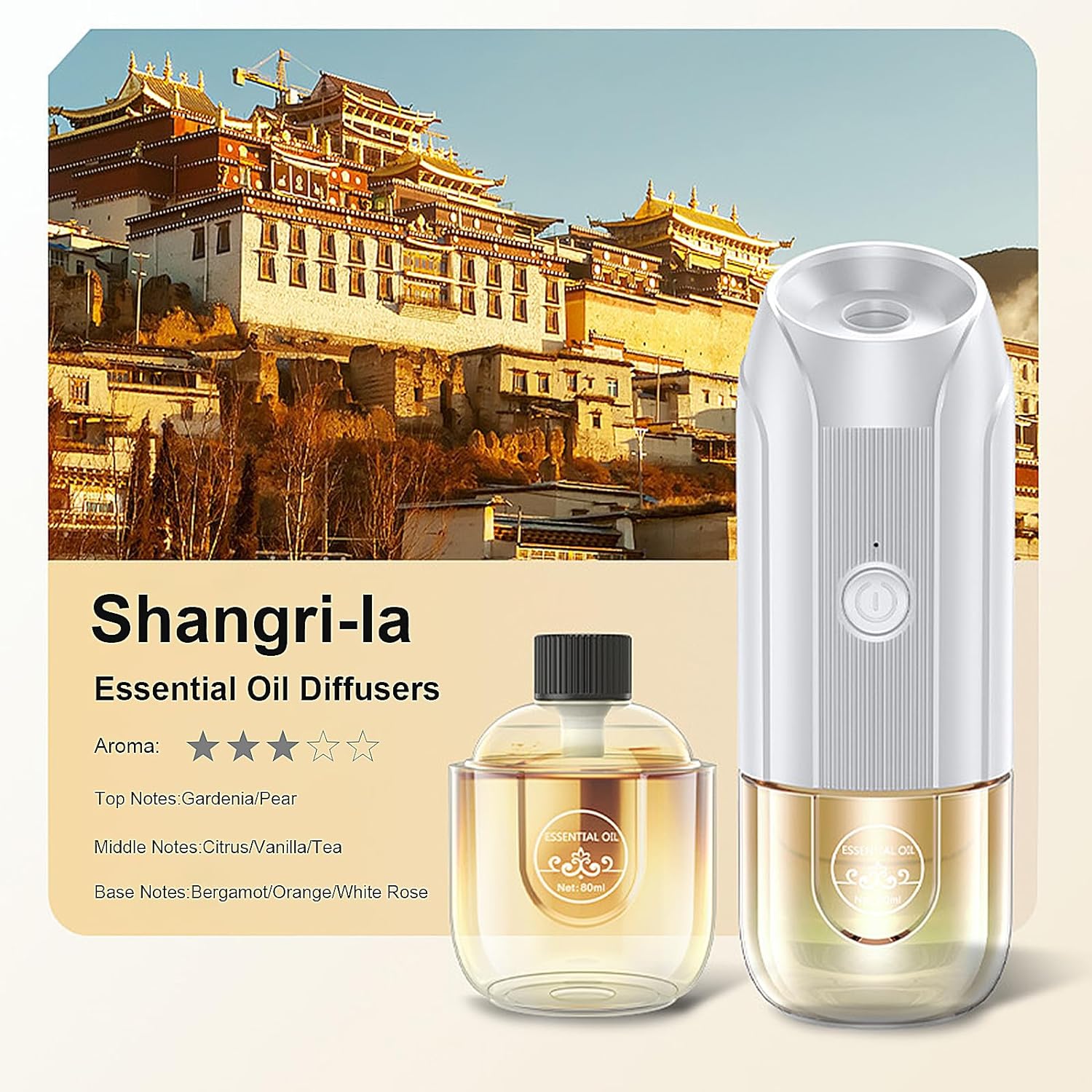 Mini Essential Oil Diffuser, Ultrasonic Mist Air Fresheners for Home with 80 ml Shangri-La Essential Oils,Wireless Scent Diffuser,3 Adjustable Aroma Mode, Automatic Spray Lasts Up to 35 Days