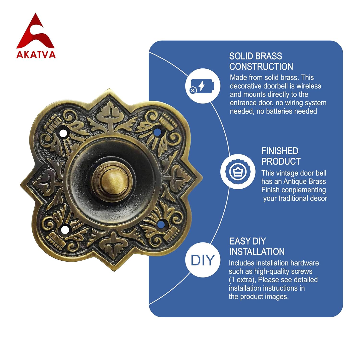 Akatva Decorative Doorbell Button – Finest Quality Bell Push Button – Easy to Install Calling Bell Button – Vintage Décor Doorbell Button Finely Hand Crafted - Antique Brass Finish