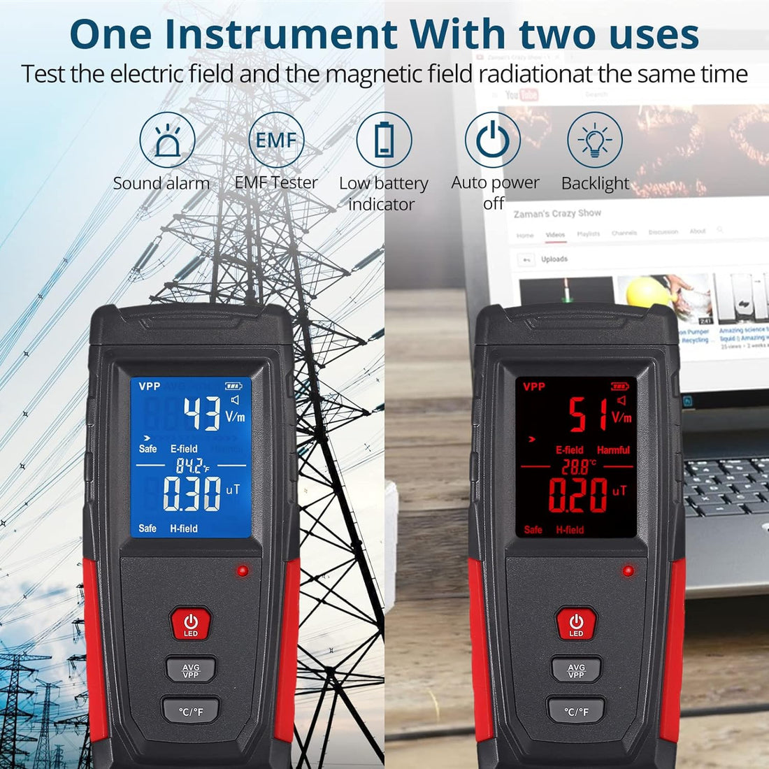 ALLmeter EMF Meter,Radiation Detector,Electromagnetic Field Tester,Magnetic Field Emission Tester with LCD Display,Sound-Light Alarm,and Data Locking