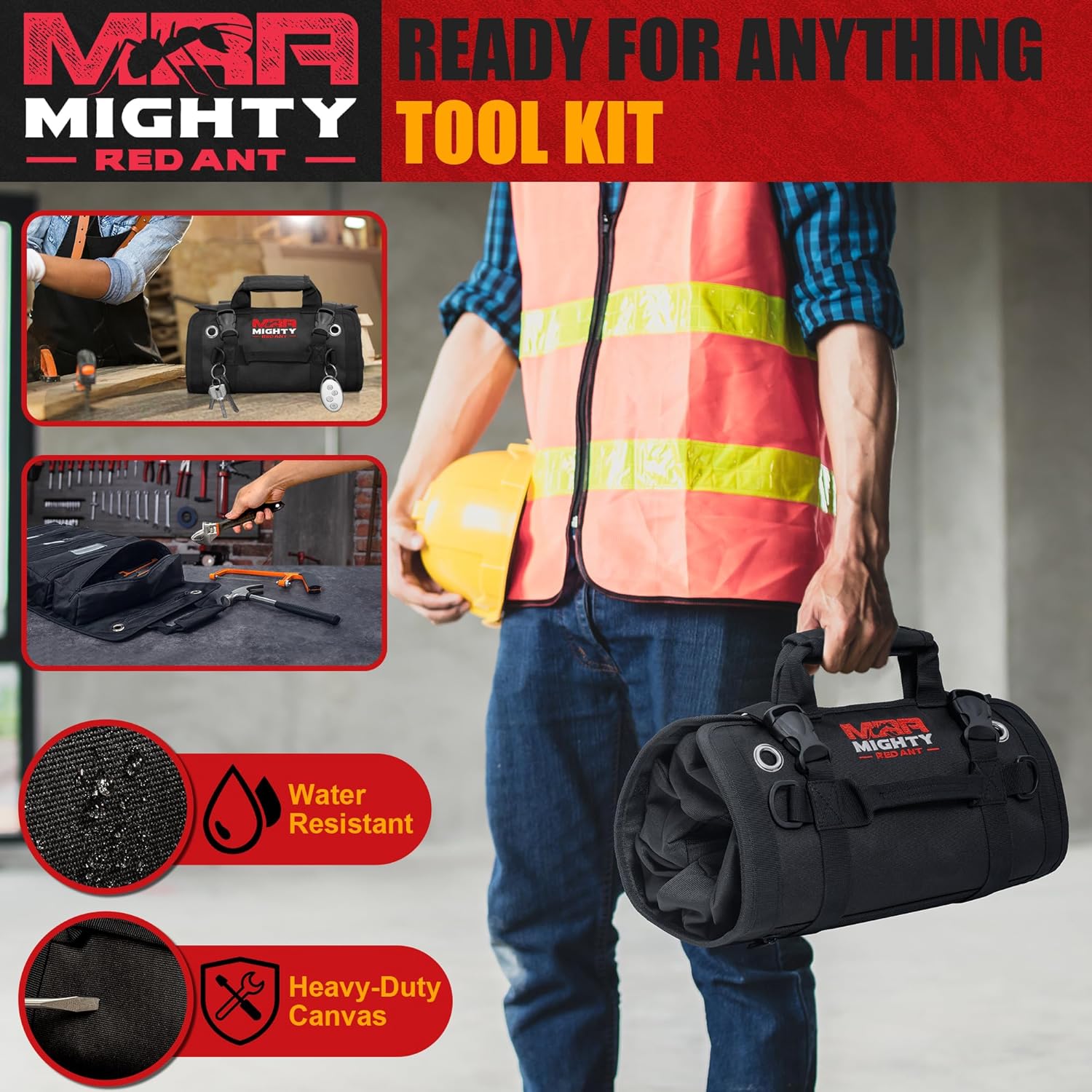 Mighty Red Ant Tool Roll Organizer - Versatile Roll Up Tool Bag with Magnetic Tray Accessory, Ideal for Workshop, Car, Motorcycle - Durable Tool Roll Pouch for Professionals