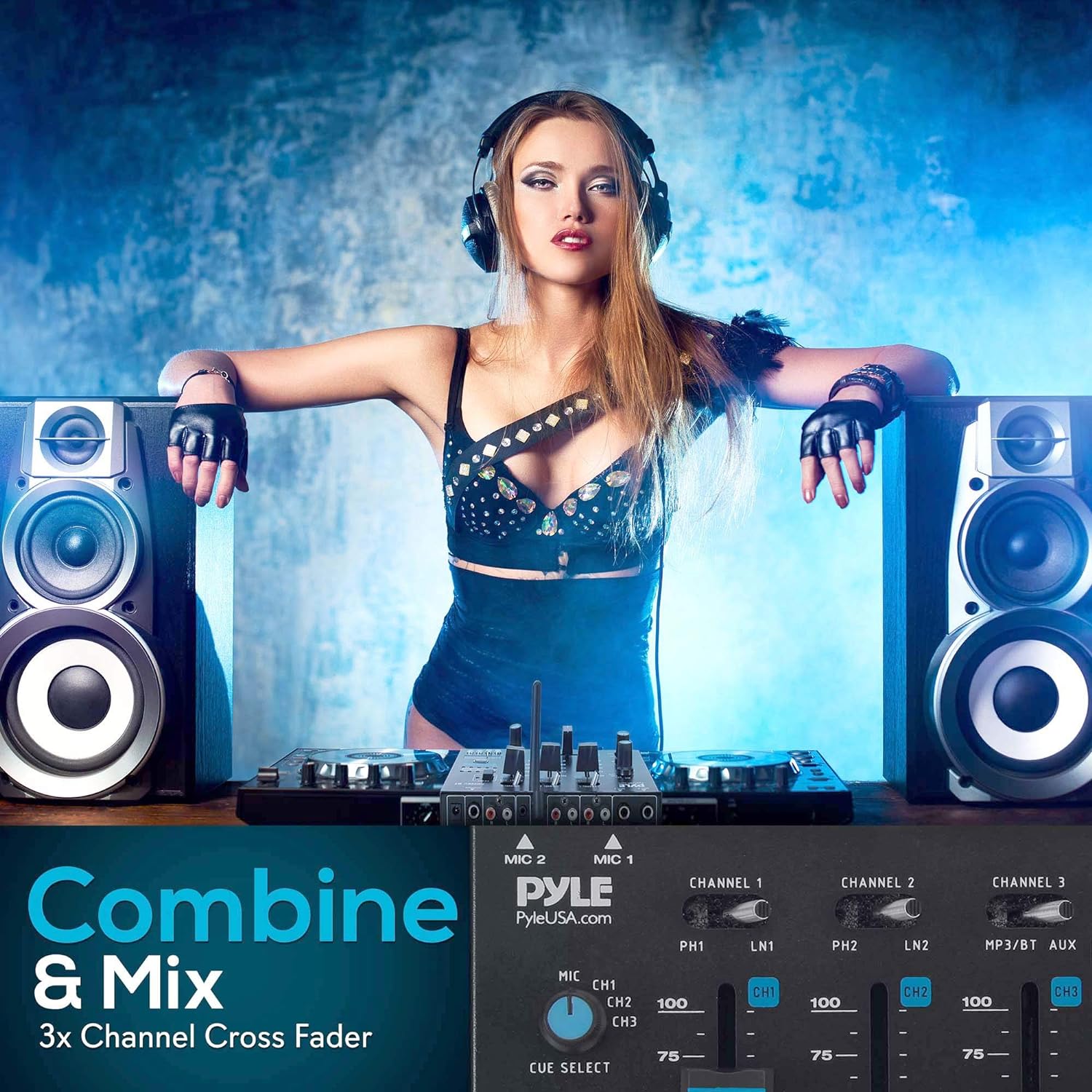 Wireless DJ Audio Mixer - 3 Channel Bluetooth Compatible DJ Controller Sound Mixer, Mic-Talkover, USB Reader, Dual RCA Phono/Line in, Microphone Input, Headphone Jack - Pyle PMX8BU
