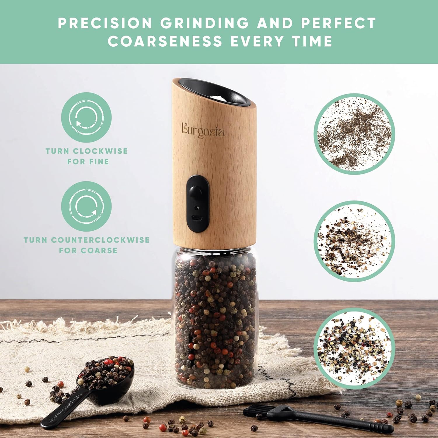 Burgosia Gravity Pepper and Salt Grinder, Electric Refillable Mill, USB Rechargeable, Adjustable Coarseness, One Hand Automatic Operation, Real wood,1 pack (Natural Beech)