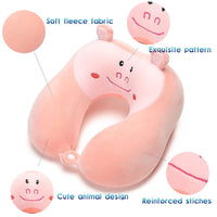 Travel Pillow for Kids and Adults, Cute Animal Memory Foam Neck Pillow with Soft Fleece Cover and Eye Mask Set, Airplane Pillow Travel Kit with Drawstring Organizer Bag, Machine Washable (Hippo)