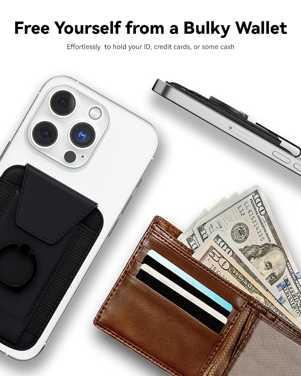 Amzone 3-in-1 Magnetic Wallet with Phone Grip, Compatible with MagSafe Wallet Black