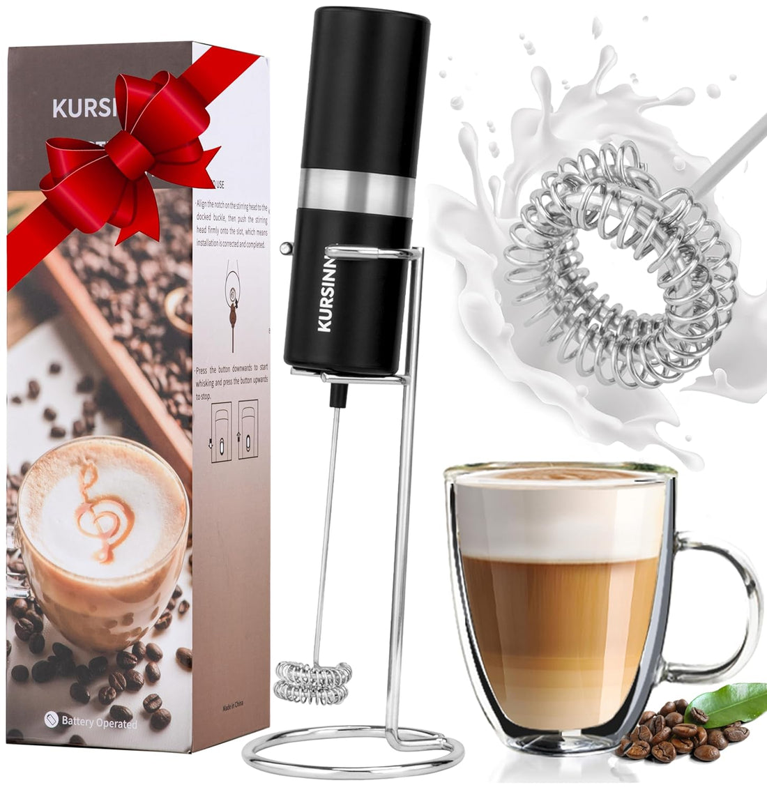 KURSINNA Powerful Milk Frother Handheld Battery Operated, Double Whisk Foam Frother Maker with Stainless Steel Stand, Drink Mixer For Coffee, Lattes, Matcha, Cappuccino (Battery Operated+Stand)
