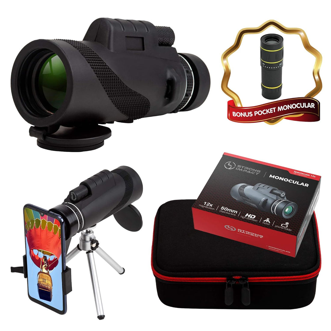 Monocular by Strong Impact, Monocular Compact Scope, High Power monocular Telescope, Zoom Monocular for Adults. 12x Magnification Zoom Lens, High Definition with Multi-Coated Lens, Carrying case