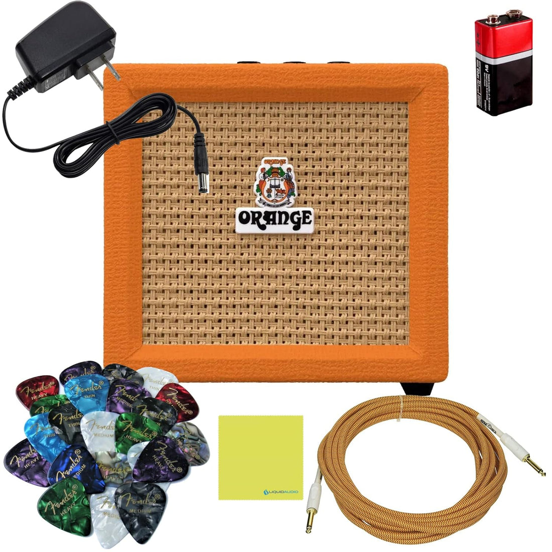 Orange Amps Crush Mini 3W Guitar Combo Amp Bundle w Power Adapter, Pig Hog Instrument Cable, 24 Picks, Battery & Liquid Audio Polishing Cloth (Orange)