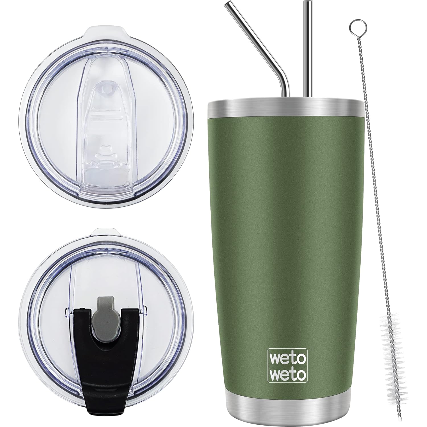 WETOWETO 20oz Insulated Stainless Steel Tumbler, Coffee Tumbler with 2 lids and 2 straws, Double Wall Vacuum Travel Coffee Mug, Powder Coated Leak-Proof Tumbler Cup for Travel (Army Green,1 Pack)