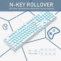 Typewriter Style Mechanical Gaming Keyboard, White Retro Punk Gaming Keyboard with Blue Backlit, 104 Keys Blue Switch Wired Cute Keyboard, Round Keycaps for Windows/Mac/PC