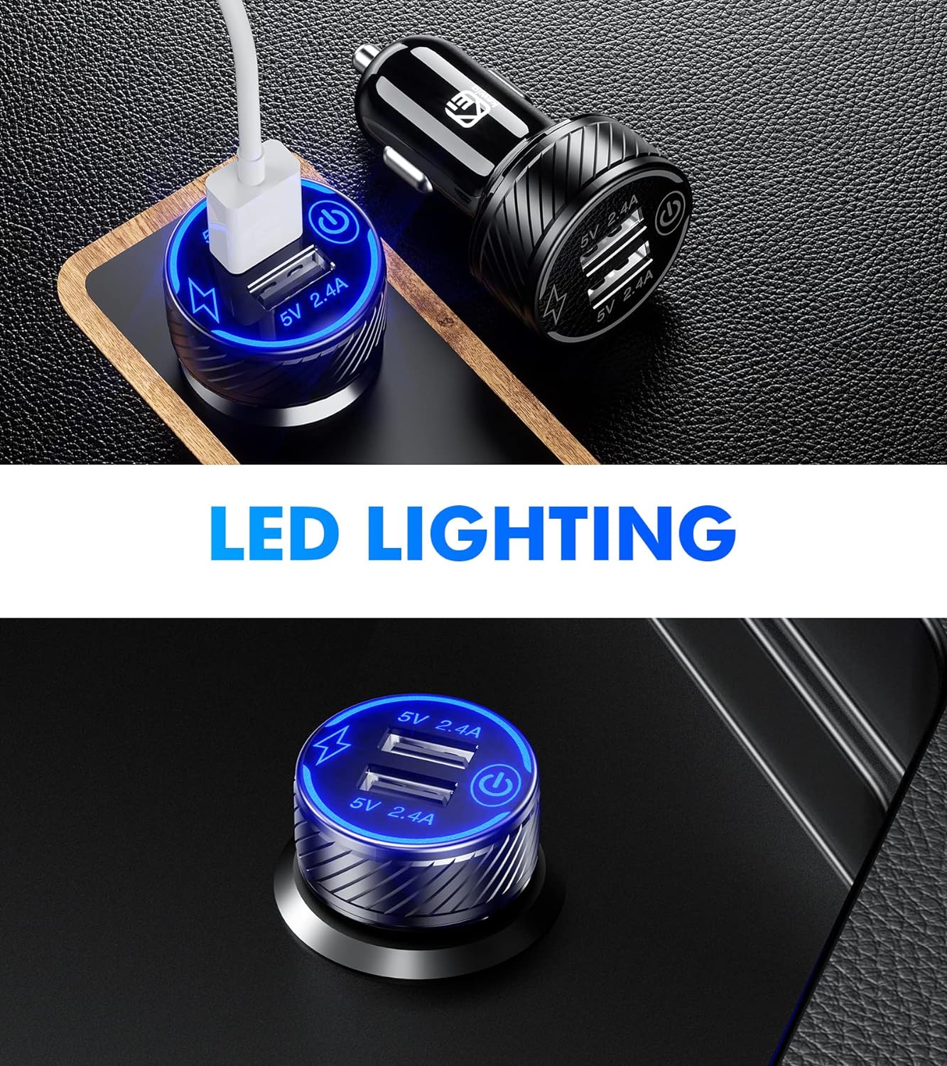 【2Pack】 USB Car Charger, Dual USB Port Car Charger Adapter, 5V/4.8A Charge Car Phone Charger with Blue LED & Touch Switch Fit for iPhone 13/12 Pro/Max/8, Galaxy S21/20/10/9 (Black)