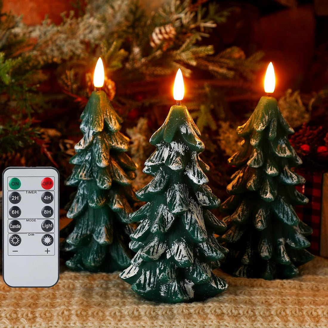 VIHOSE 3 Pcs Christmas Tree Flameless Candles with Remote 3.54'' x 5.71'' LED Flameless Taper Candles Real Wax Christmas Tree Candles Battery Operated Pillar Candle for Xmas Party Holiday Gifts