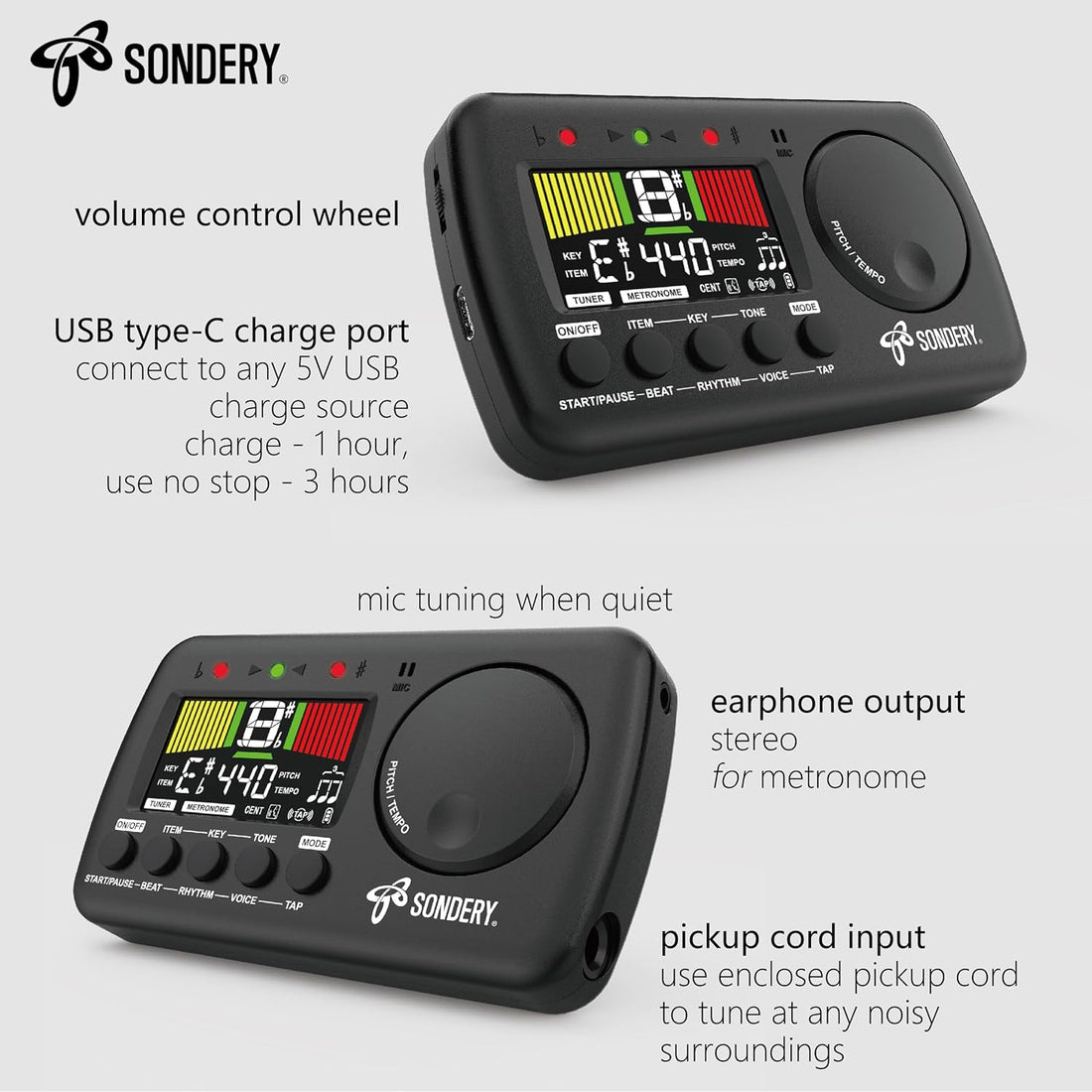 Sondery Metronome Tuner Tone Generator with Guitar, Bass, Ukulele, Chromatic Tuning Modes and 12 Keys Tuning for Wind Instruments, Woman Voice Metronome with Tap Tempo Setting, Power Rechargeable