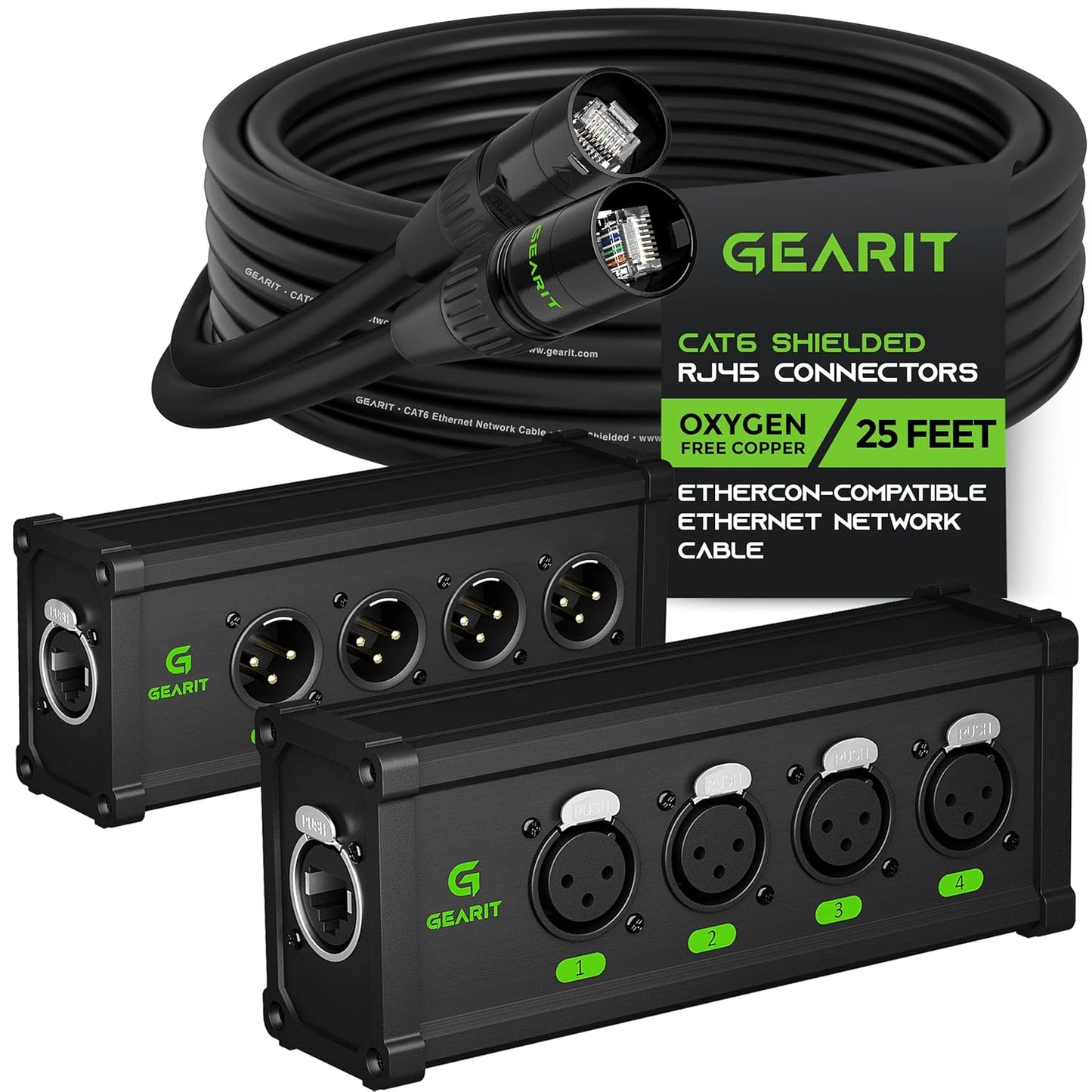 GEARit 4CH Extender & 25ft EtherCon-Compatible Cable – Front View