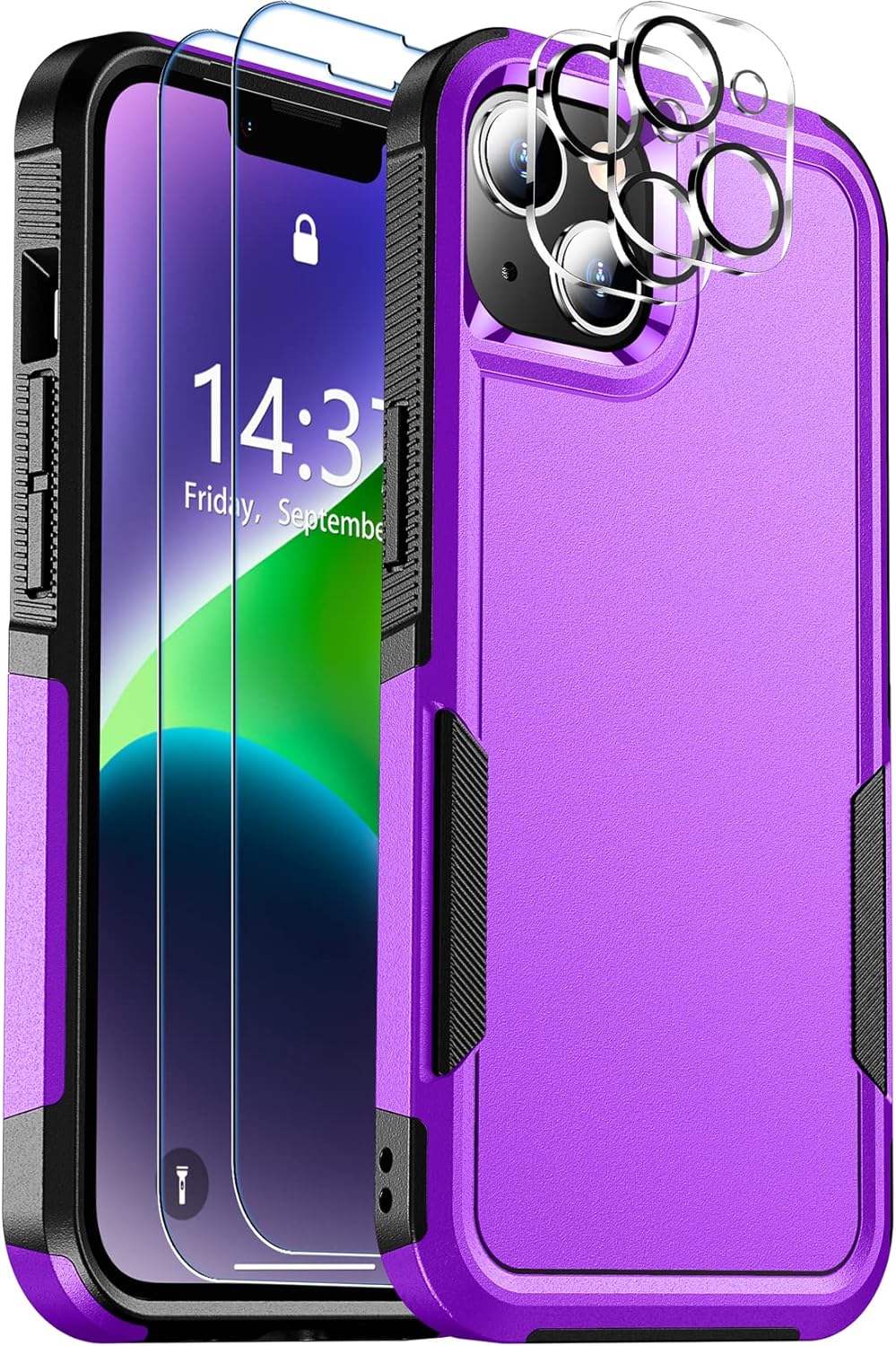 SPIDERCASE for iPhone 14 Case, [15 FT Military Grade Drop Protection][Non-Slip] [2+Tempered Glass Screen Protector][2+Tempered Camera Lens Protector] Heavy Duty Full-Body Shockproof Case, Deep Purple