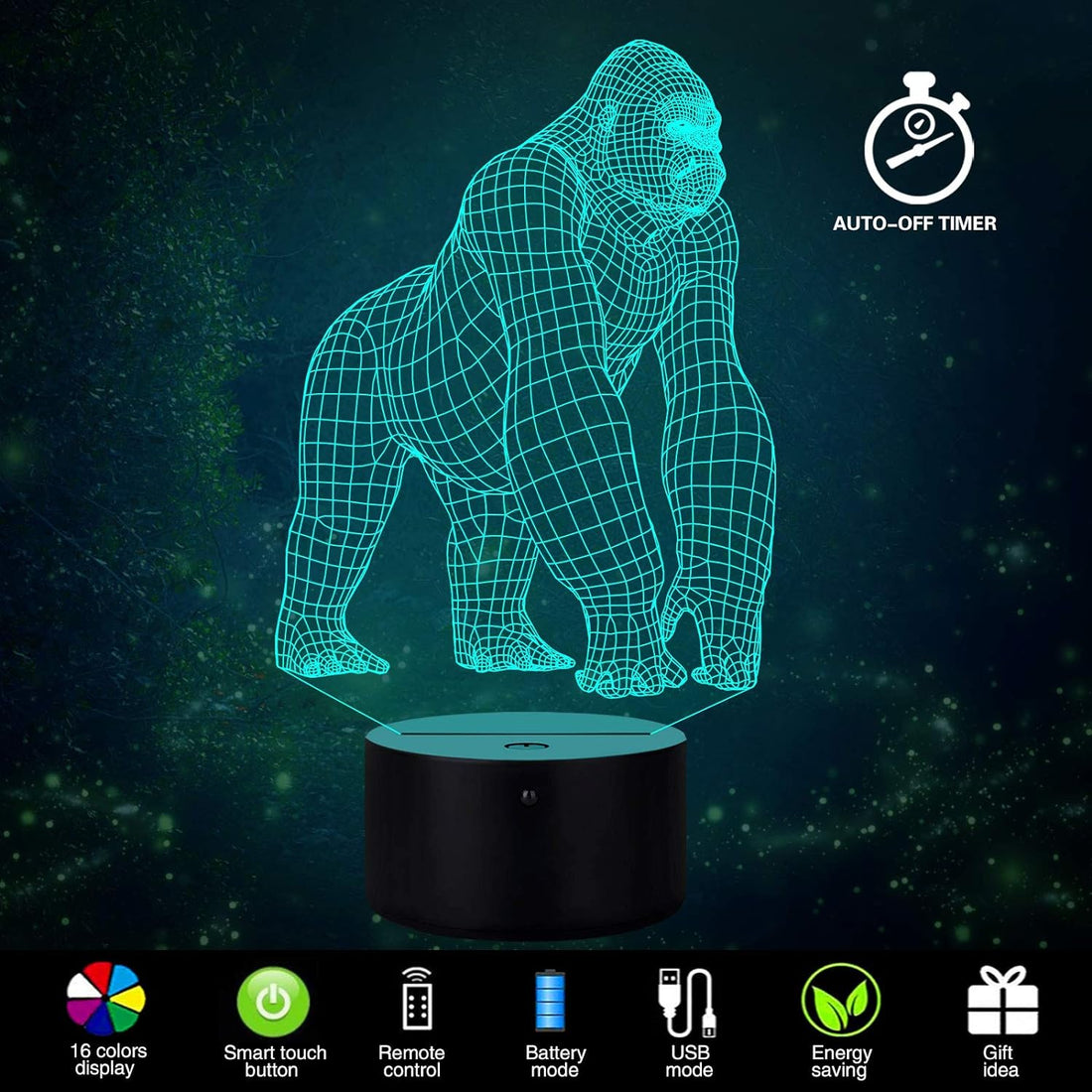 3D Gorilla Lamp Mood Lamp 16 Color Nursery Night Lights Illusion Acrylic LED Table Bedside Lamp, Children Bedroom Desk Decor, Birthday Christmas Gift Cute Toy for Kids Adult