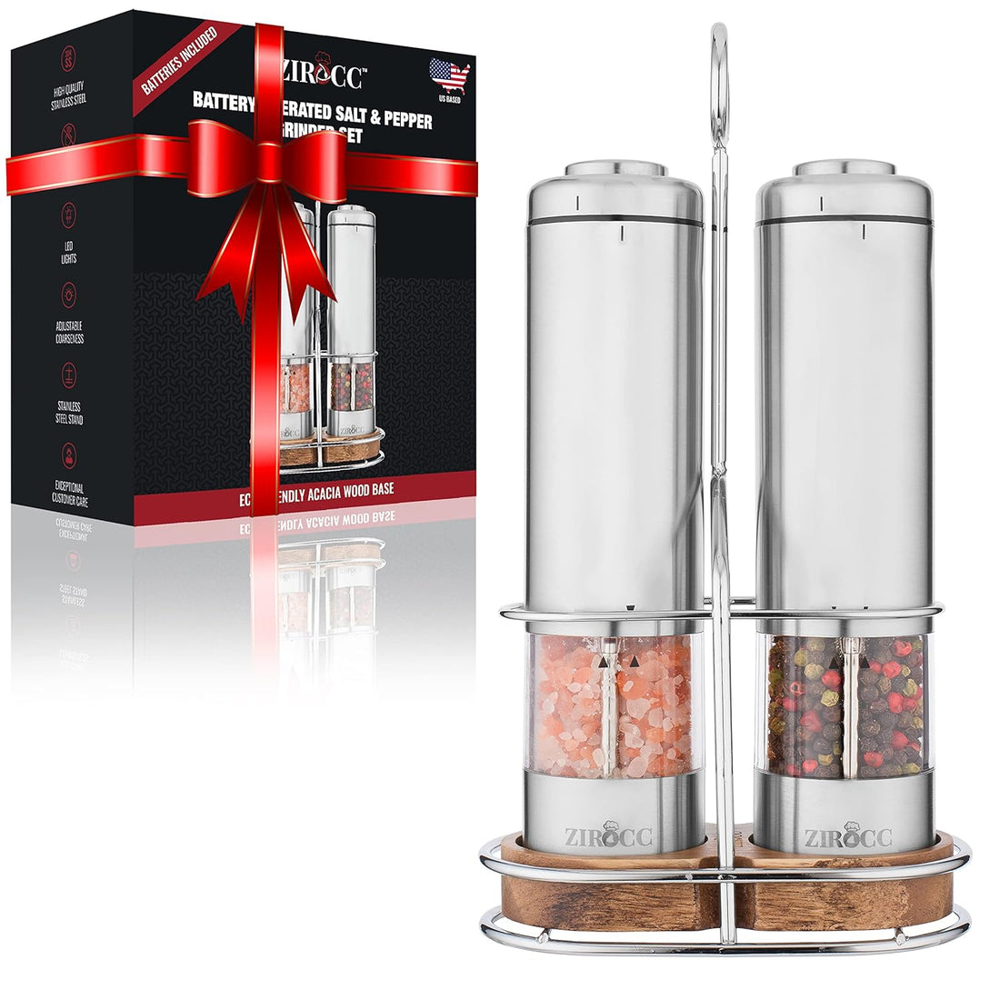 Electric Salt and Pepper Grinder Set (Batteries included)-Battery Operated Stainless Steel Salt & Pepper Mills (Pack of 2)-Adjustable Coarseness with Bright LED light-Acacia Base