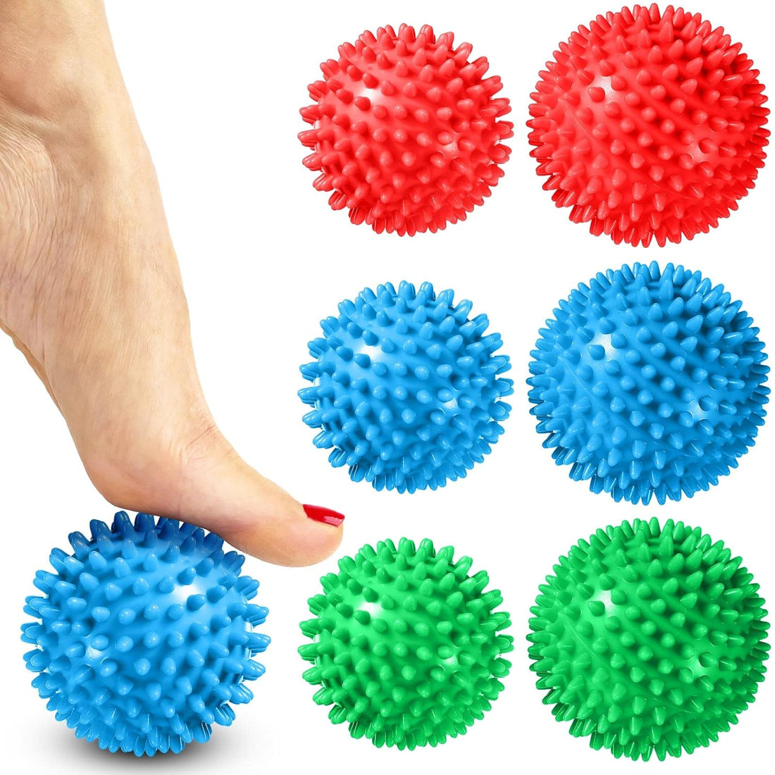 Jexine 6 Pieces Massage Ball for Feet Spiky Hard Massage Balls Muscles Spiky Roller for Plantar Fasciitis, Muscle Soreness Back, Hands, Exercise, Neuro Balance, Physical Therapy, 3 Inch, 3.5 Inch