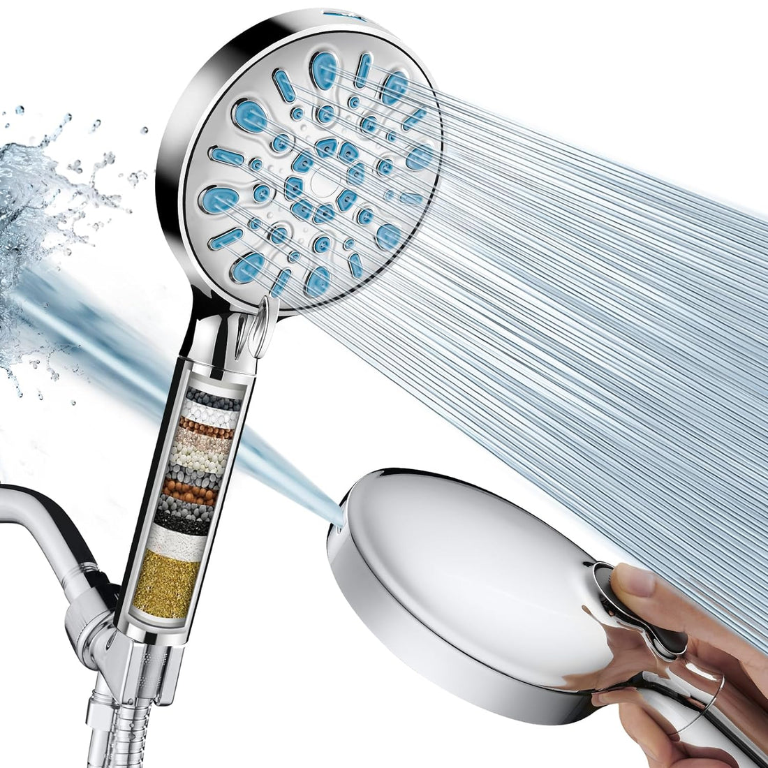 Heemli Filtered Shower Head,High Pressure 8-mode Handheld Showerhead with Hose,Bracket and Water Softener Filters Beads for Hard Water Remove Chlorine and Harmful Substance,Built-in Power Spray,Chrome