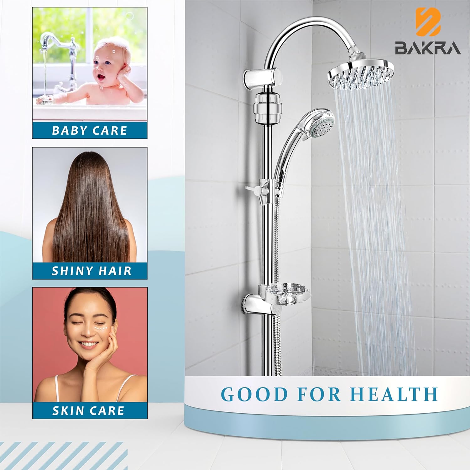 BAKRA Shower Filter Removes Chlorine and Fluoride - Softens Shower Water for heathy Refreshing Bath; Reduces Dry Itchy Skin, Dandruff - improves hair growth, Filter Cartridge, Chrome (BF-2000)