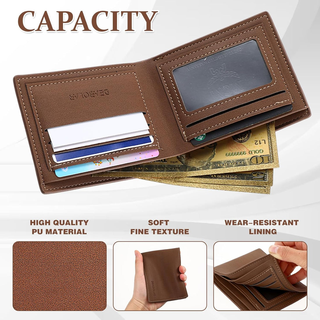 Amaxiu PU Leather Bifold Wallet for Men, Men’s Coin Pocket Slim Wallet With 5 Credit Cards Slots 2 Cash Pockets 1 ID Window, Light brown