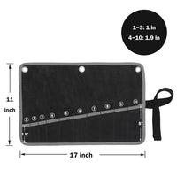 Wrench Tool Roll, 16OZ Waxed Canvas Wrench Organizer with 10 Pockets & Hanging Grommets, Tool Roll Bag for Metric & SAE Wrenches | Black