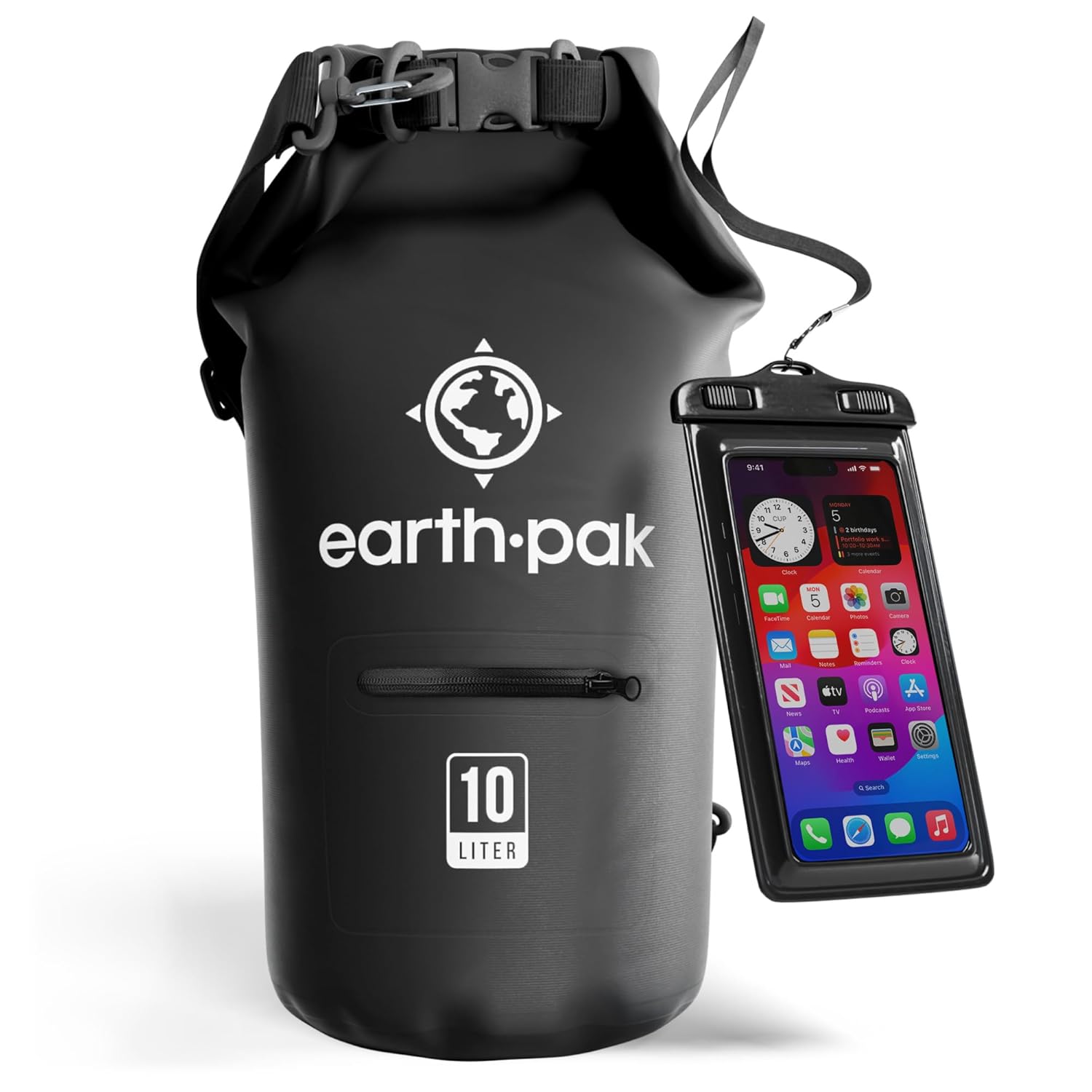 Earth Pak- Waterproof Dry Bag with Front Zippered Pocket Keeps Gear Dry for Kayaking, Beach, Rafting, Boating, Hiking, Camping and Fishing with Waterproof Phone Case