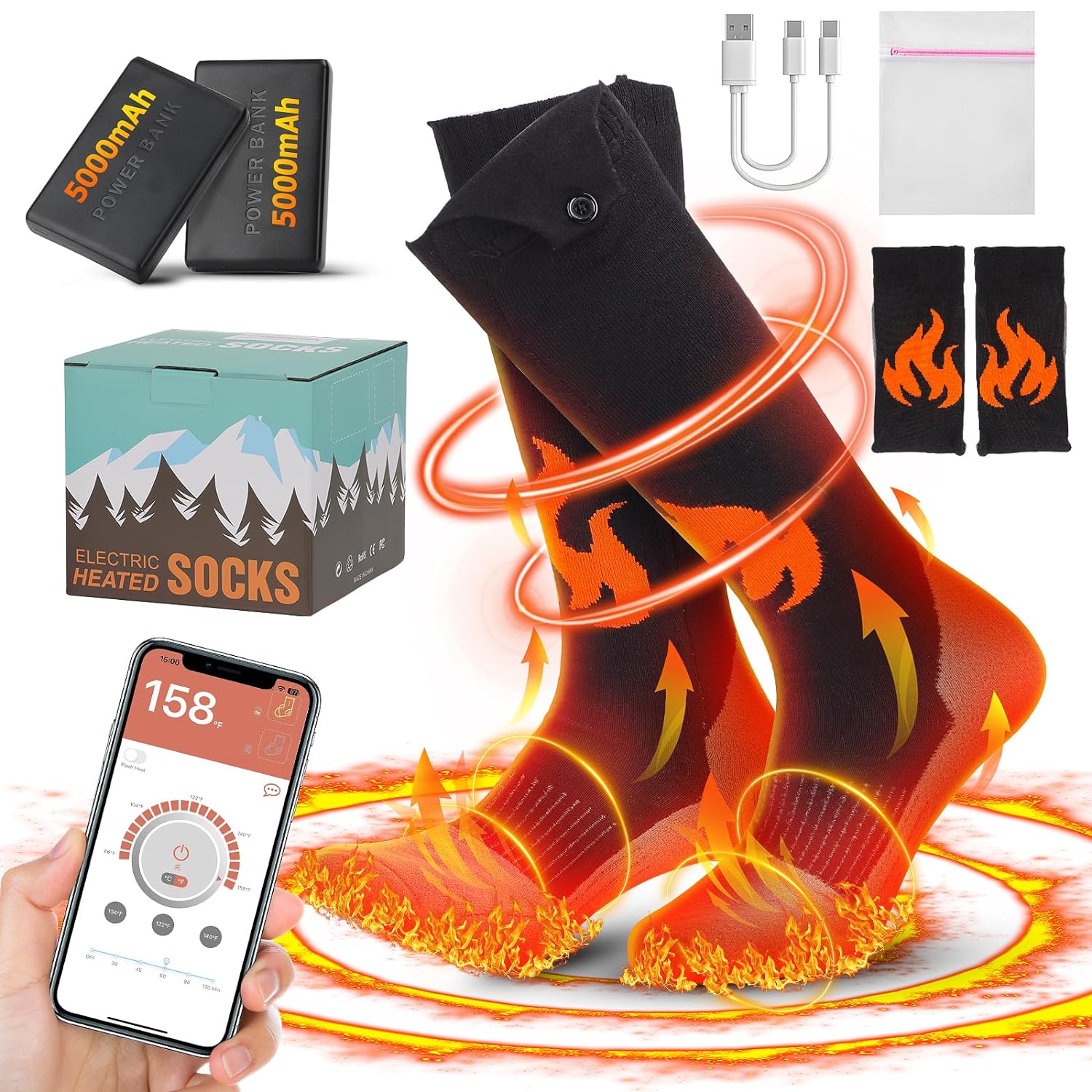 5000 mAh Electric Socks for Men Rechargeable, App-Controlled Timer Battery Woman Heated Socks 5 Temperature Electric Socks, Up to 11 Hours Foot Warmers for Women Hunting Fishing Hiking Camping, M