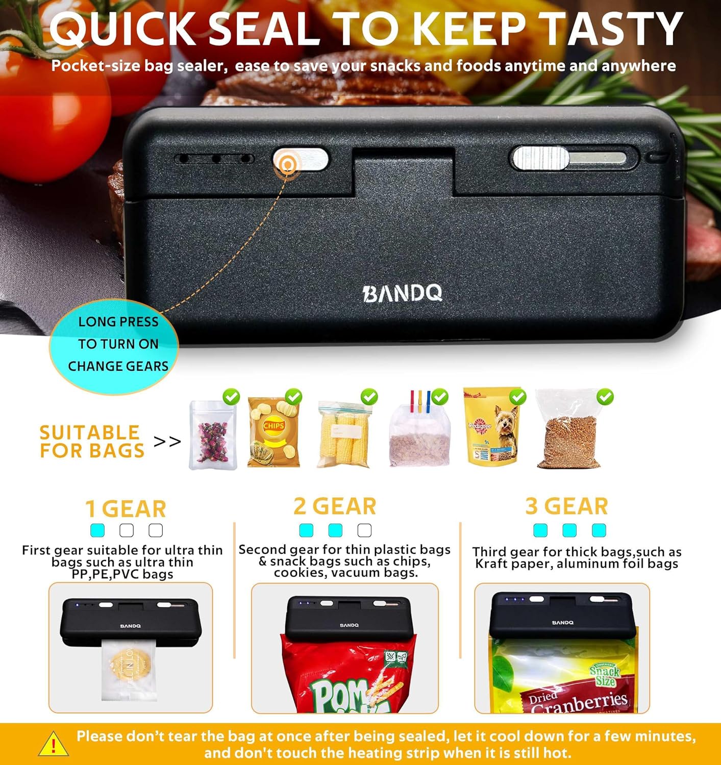 BANDQ Bag Sealer, 2-in-1 Mini Bag Sealer Heat Sealer Rechargeable Handheld Plastic Bag Resealer for Chip Bags/Plastic Bags & Vacuum Bag Sealing Machine Portable Keep Food Chips Cookies Fresh-Black