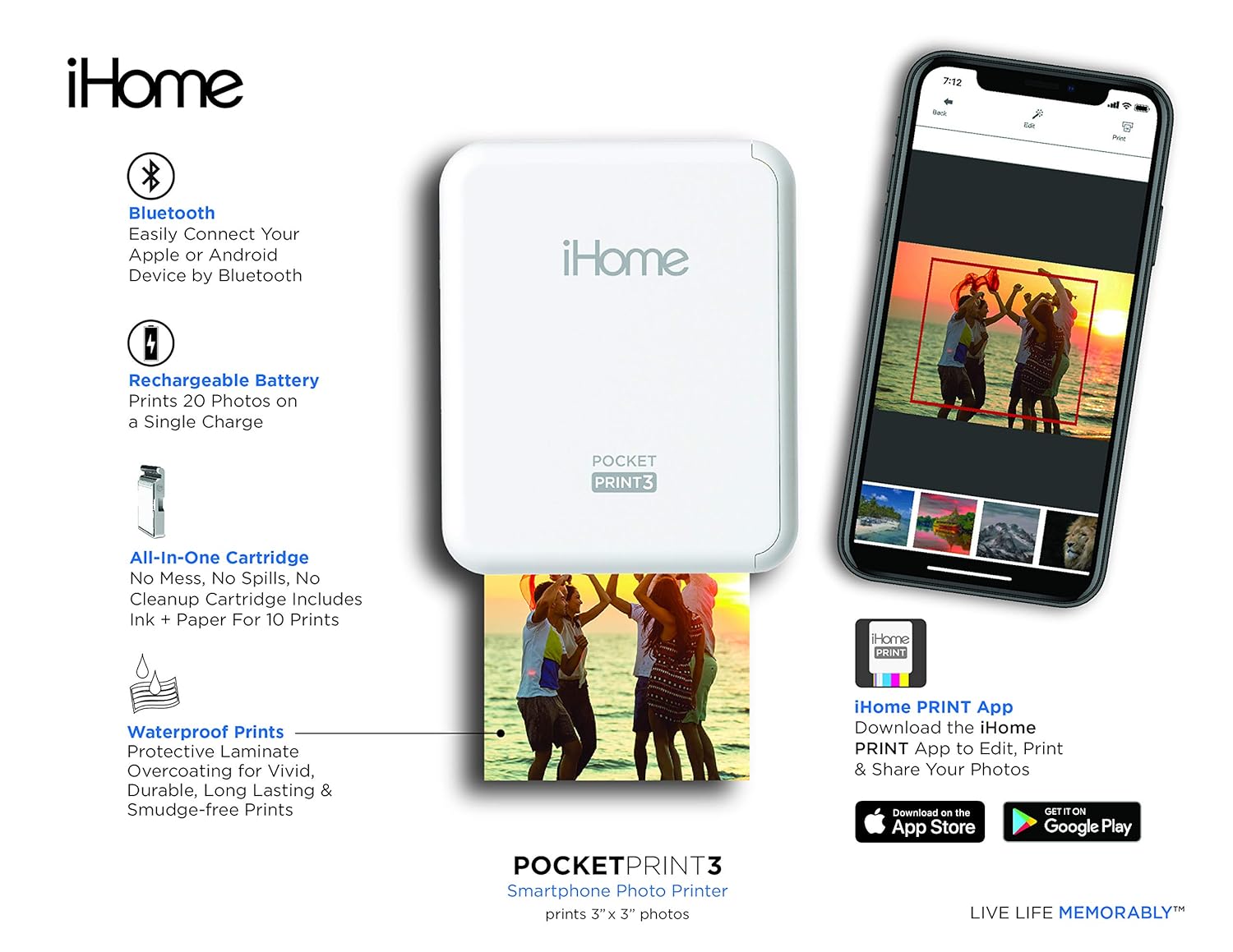 iHome® PocketPrint3™ Mobile Photo Printer, Square 3x3 inch Printouts (White)