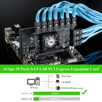 BEYIMEI PCI-E 4X SATA Card 20 Ports, PCI Express SATA Controller Expansion Card, 6 Gbit/s SATA 3.0 PCIe Card Without Raid, Boot as System Disk Support HDD or SSD