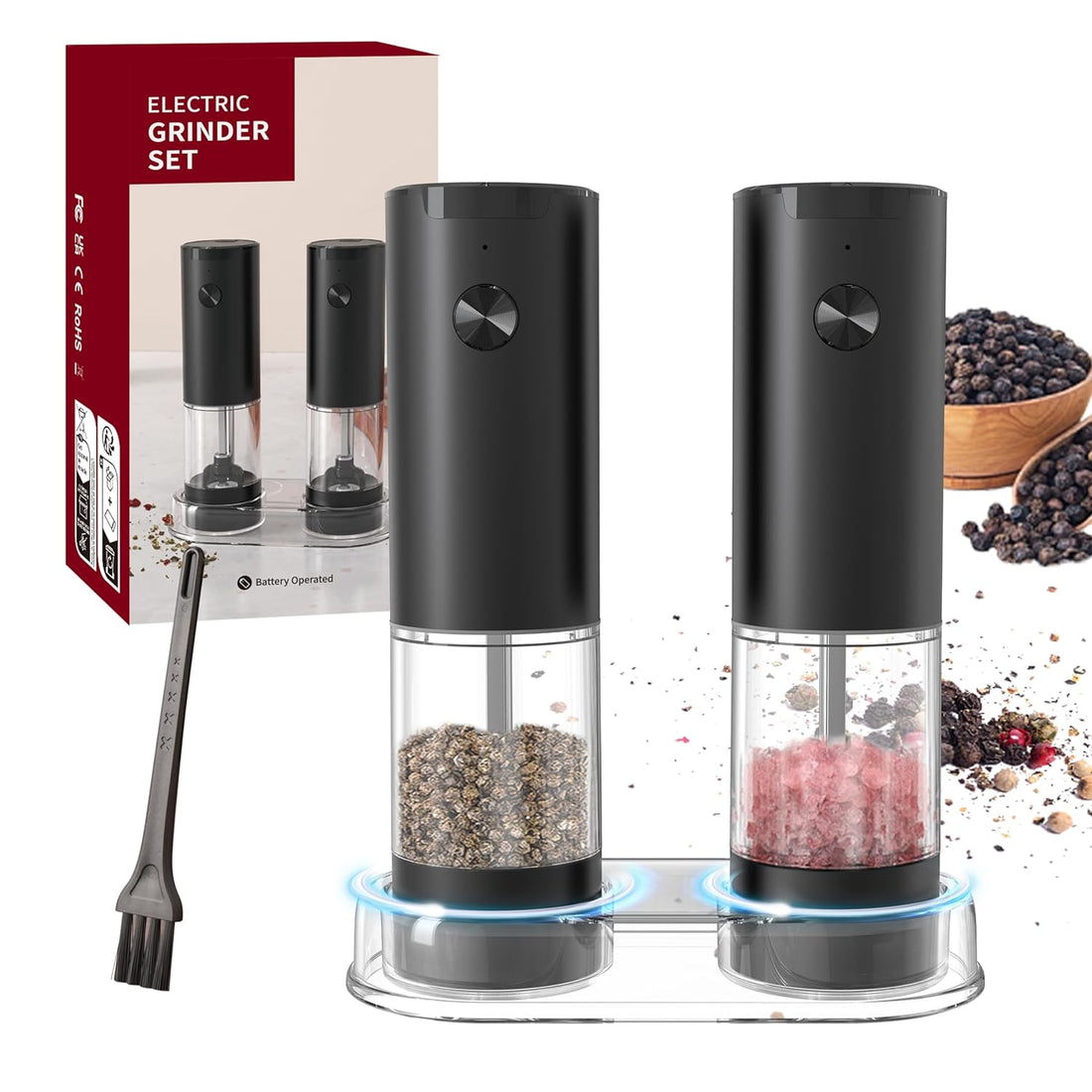 Electric Salt and Pepper Grinder Set, Automatic Mill, Adjustable Coarseness, LED Light - Convenient One-Hand Operation - Perfect for Kitchen and BBQ - Includes Salt and Pepper Shakers (2 Pack)