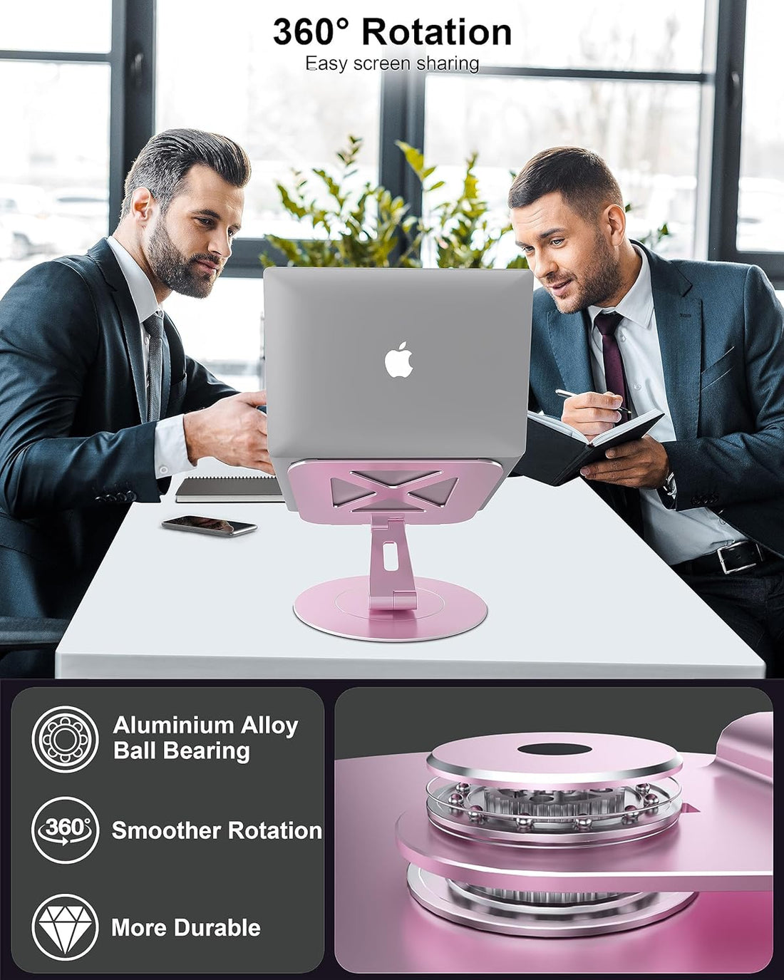LOXP Ultra-Stable Swivel Laptop Stand for Desk, 300% Larger Base Stability, Military-Grade Aluminum, Anti-Loosening Structure, Height Adjustable Laptop Stand, Suitable for 10"-17.3",Pink