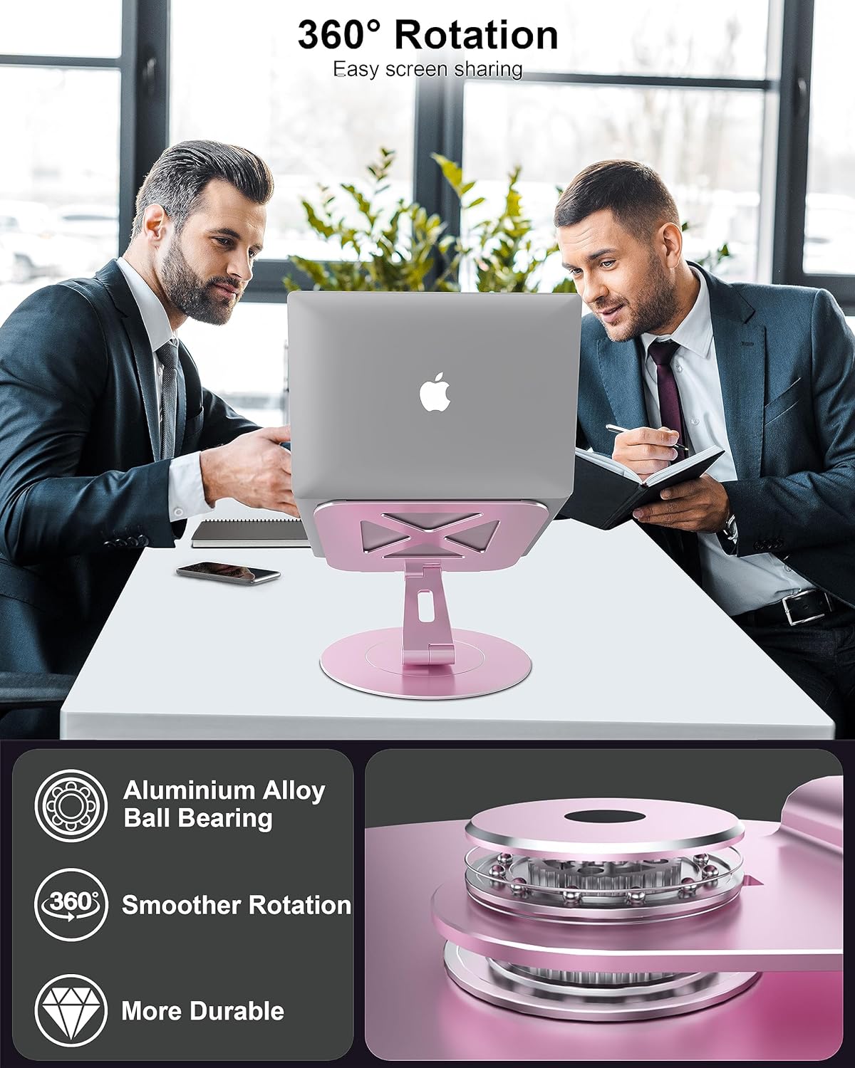 LOXP Ultra-Stable Swivel Laptop Stand for Desk, 300% Larger Base Stability, Military-Grade Aluminum, Anti-Loosening Structure, Height Adjustable Laptop Stand, Suitable for 10"-17.3",Pink